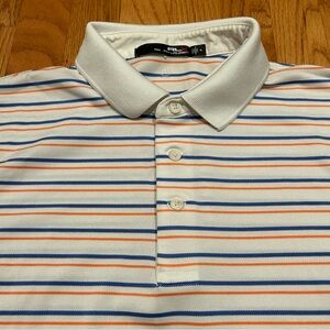 RLX Ralph Lauren Polo Golf Shirt White Blue Orange Striped Mens Medium M